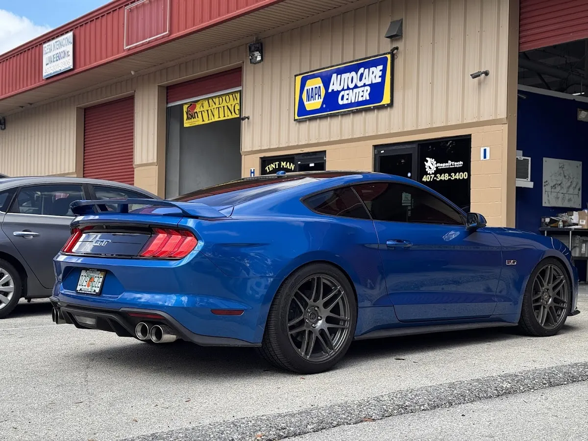 Blue Ford Mustang GT at RepairTech Automotive NAPA AutoCare Center in Kissimmee FL