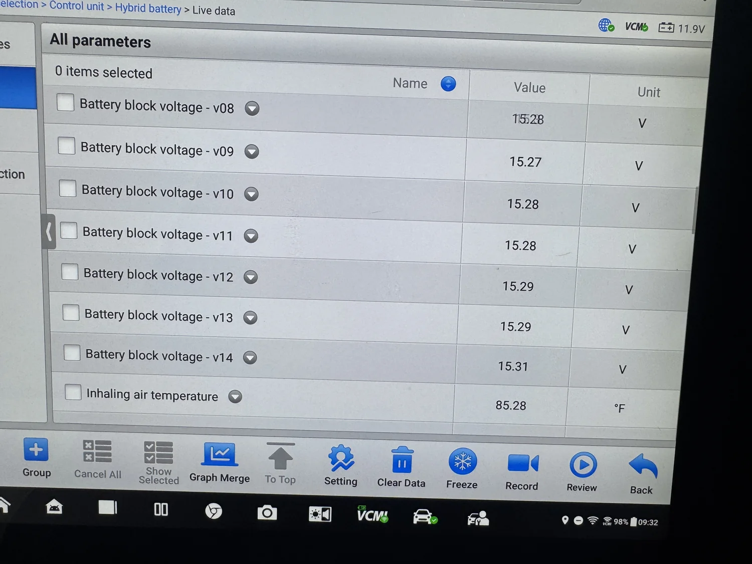 Hybrid battery live data on a scan tool at RepairTech Automotive in Kissimmee, showing individual battery block voltages from v08 to v14 between 15.27 and 15.31 volts alongside inhaling air temperature